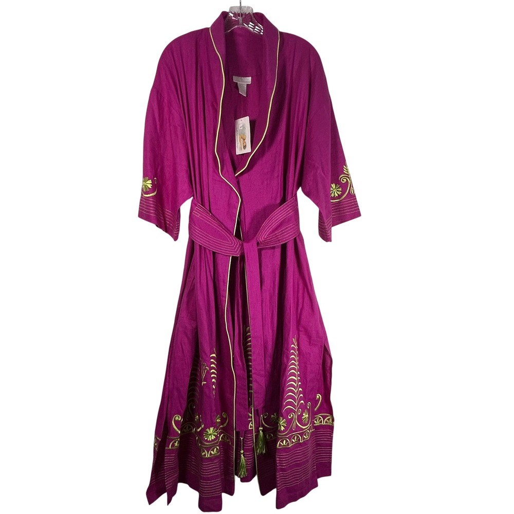 Soft Surroundings PXL Magenta Linen Blend Embroidered Maxi Long Robe Duster Boho